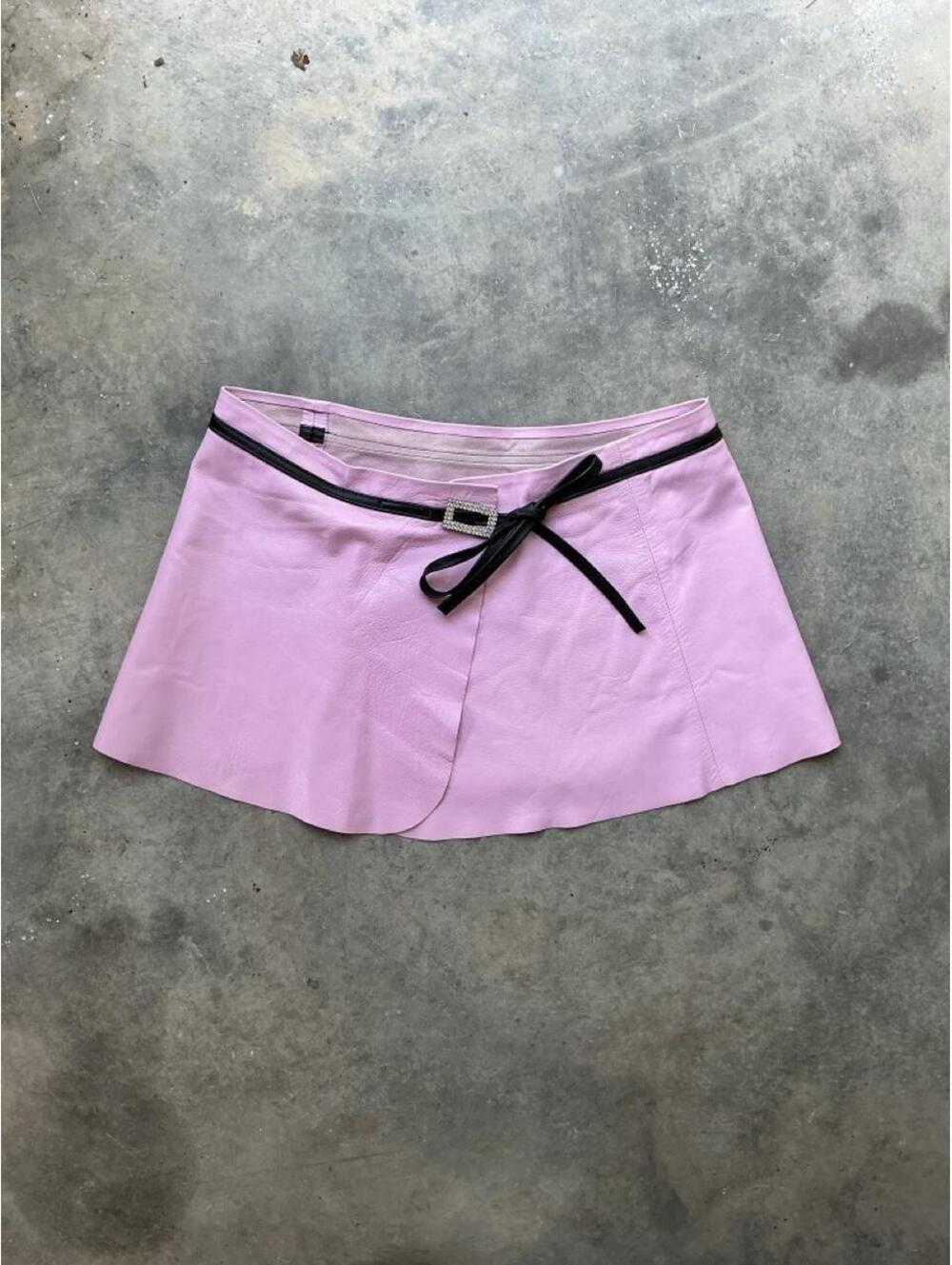 Y2K Pink Leather Mini Skirt | Coquette Wrap Skort with Rhinestone Belt